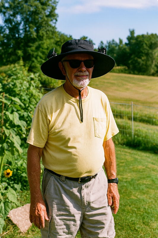 Fläkthatten Robert - Sollcellsdriven fläkt i skärmen och starkt solskydd (SPF + 50)